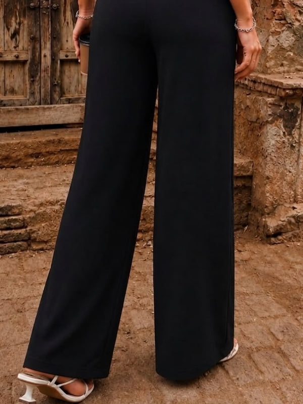 Women's Black Solid Wide Leg Drawstring Cotton Trousers