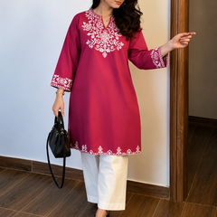 Women Magenta Embroidered Kurti with White Palazzo Set