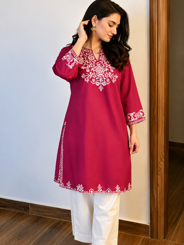 Women Magenta Embroidered Kurti with White Palazzo Set