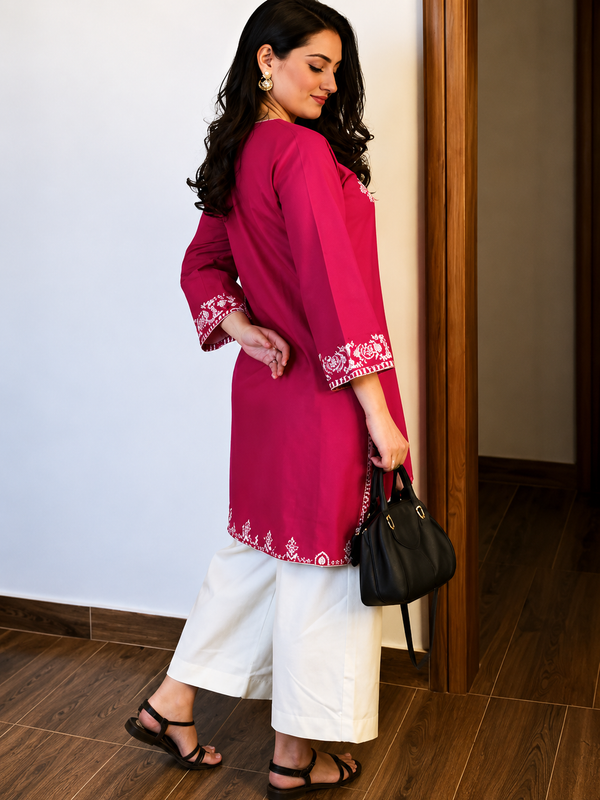 Women Magenta Embroidered Kurti with White Palazzo Set