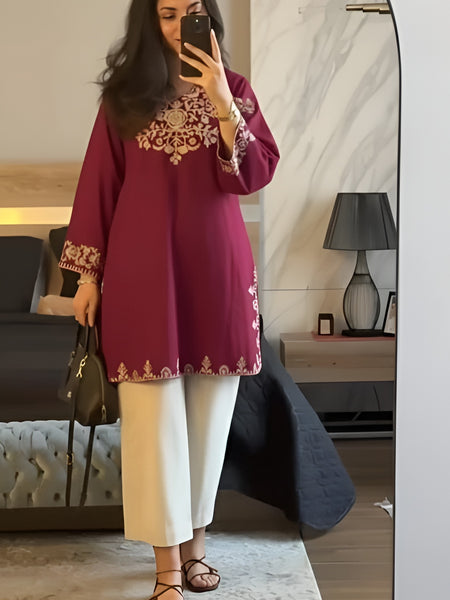 Maroon Embroidered Cotton Co-ord Set