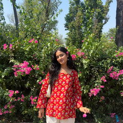 Women Red Floral Printed Cotton Square Neck Top