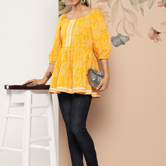  Yellow Cotton Printed  Casual 3/4 Sleeve Top
