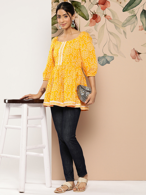  Yellow Cotton Printed  Casual 3/4 Sleeve Top