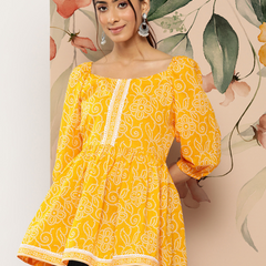 Women Yellow Cotton Printed Top | Casual 3/4 Sleeve