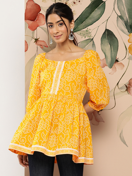 Women Yellow Cotton Printed Top | Casual 3/4 Sleeve