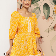 Women Yellow Cotton Printed Top 