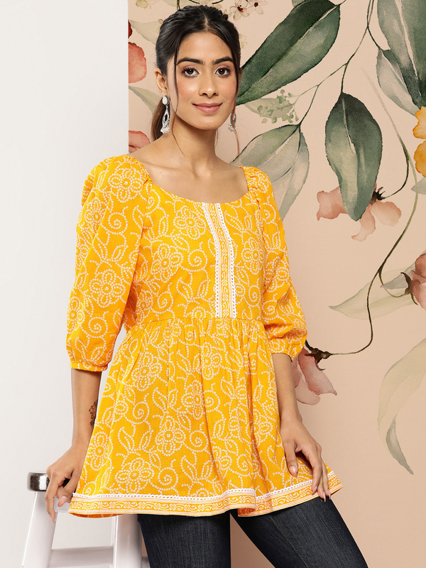 Women Yellow Cotton Printed Top 