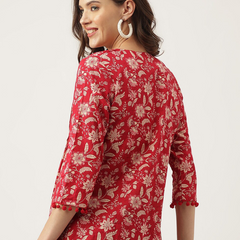 Women Red Floral Cotton Top | Casual 3/4 Sleeve
