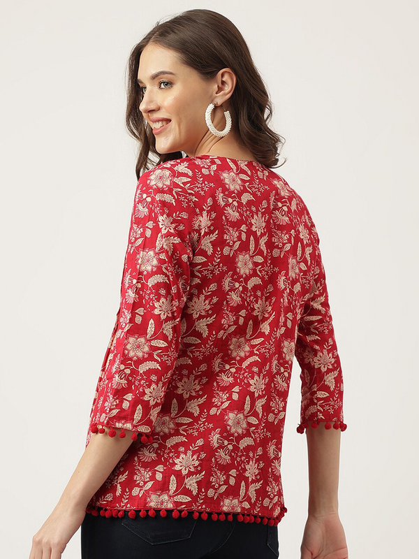 Women Red Floral Cotton Top | Casual 3/4 Sleeve