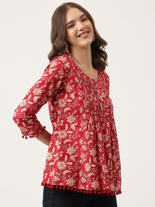 Women Red Floral Cotton Top