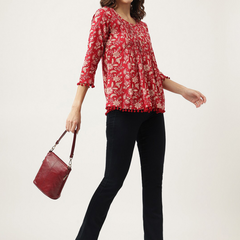 Women Red Floral Cotton Top | Casual 3/4 Sleeve
