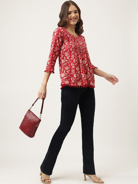 Women Red Floral Cotton Top | Casual 3/4 Sleeve