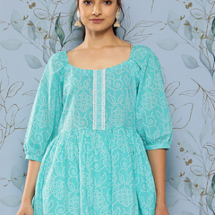 Women Turquoise Cotton Printed Top