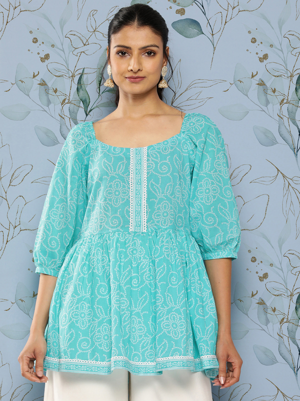 Women Turquoise Cotton Printed Top