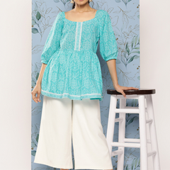 Women Turquoise Cotton Printed Top | Casual 3/4 Sleeve