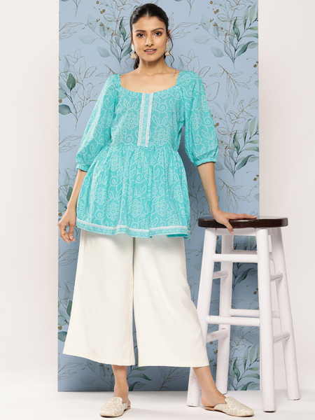 Women Turquoise Cotton Printed Top | Casual 3/4 Sleeve