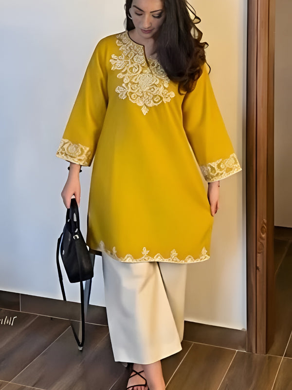 Mustard Embroidered Cotton Co-ord Set