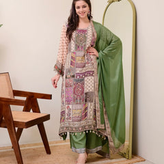 Women's Multicolor Pure Chinon Suit Set with Dupatta
