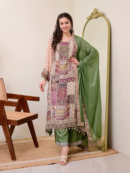 Women's Multicolor Pure Chinon Suit Set with Dupatta