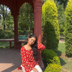 Women Red Floral Printed Cotton Square Neck Top