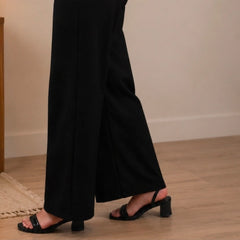 Women's Black Solid Wide Leg Drawstring Cotton Trousers