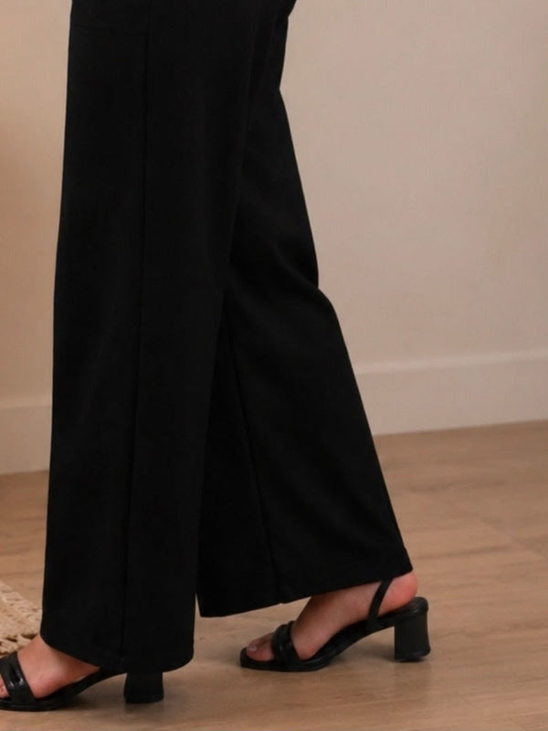 Women's Black Solid Wide Leg Drawstring Cotton Trousers