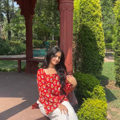 Women Red Floral Printed Cotton Square Neck Top