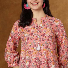 Women Pink Floral Cotton Top | Casual 3/4 Sleeve