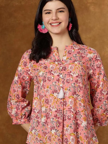 Women Pink Floral Cotton Top | Casual 3/4 Sleeve