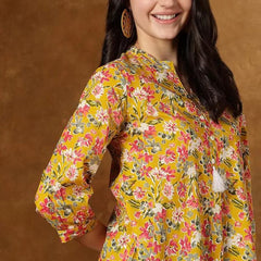 Women Yellow Floral Casual 3/4 Sleeve Top
