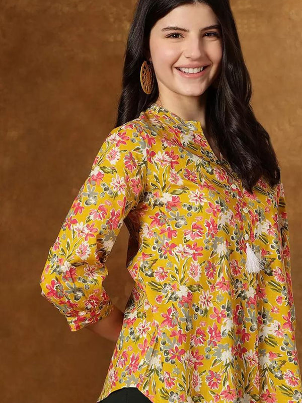 Women Yellow Floral Casual 3/4 Sleeve Top