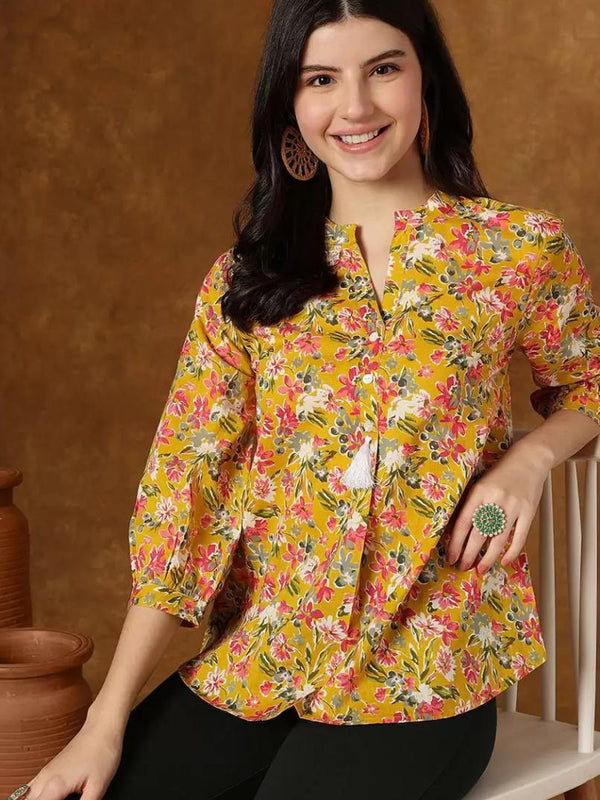 Yellow Casual 3/4 Sleeve Top