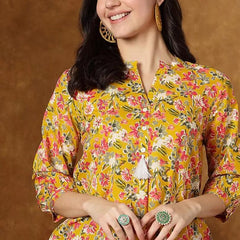 Women Yellow Floral Cotton Top | Casual 3/4 Sleeve Top