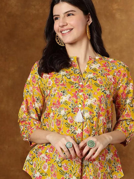 Women Yellow Floral Cotton Top | Casual 3/4 Sleeve Top