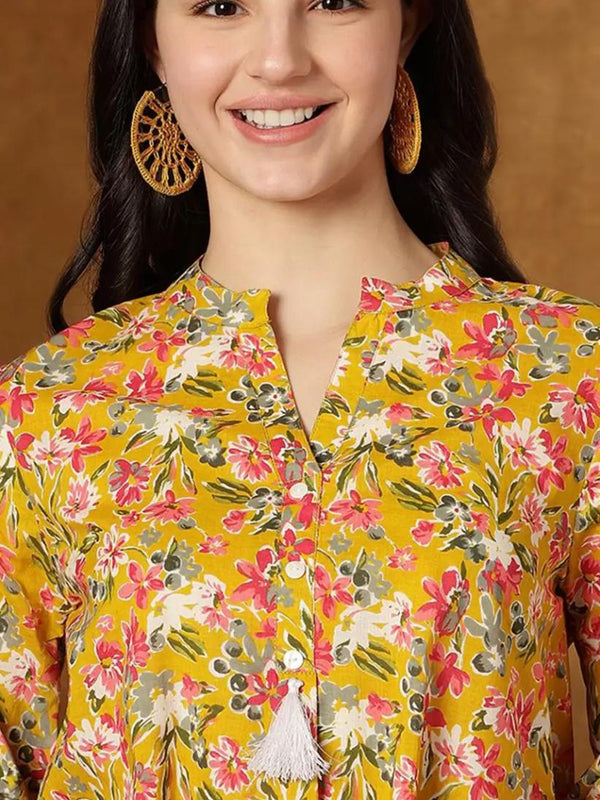 Yellow Floral Cotton Top | Casual 3/4 Sleeve Top