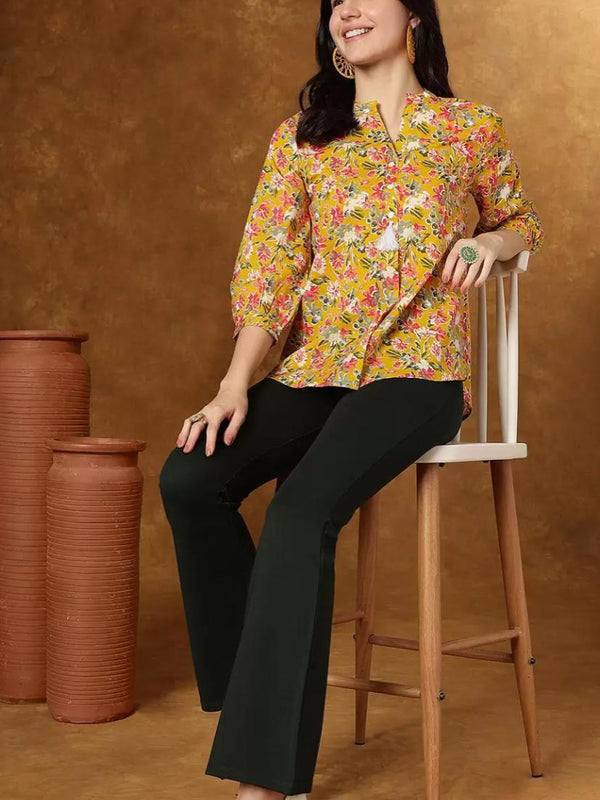 Women Yellow Floral Cotton Top