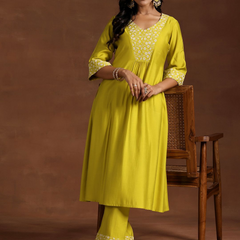 Lime Green Printed Rayon Kurta Set – Elegant Festive Wear