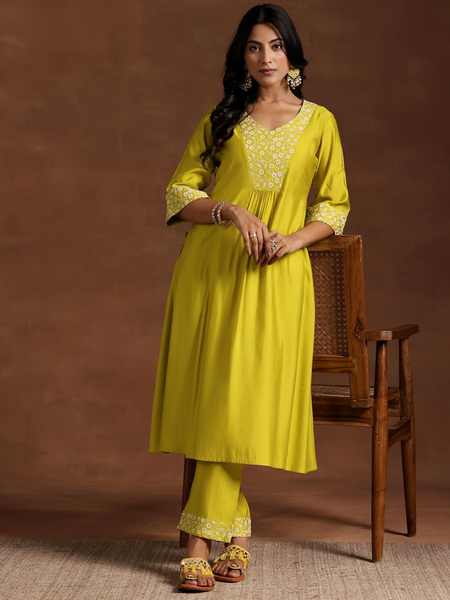 Lime Green Printed Rayon Kurta Set – Elegant Festive Wear