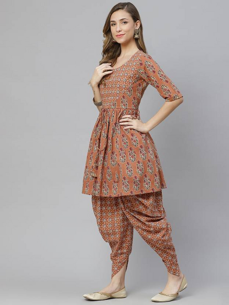 Brown Printed Rayon Kurta Pant Set for Women