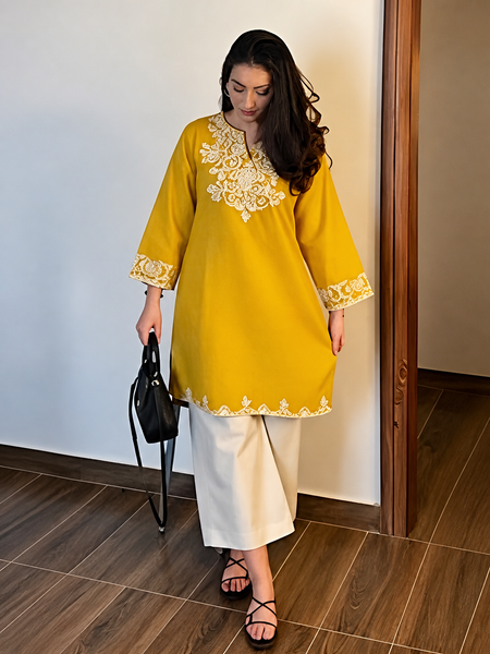Mustard Embroidered Cotton Co-ord Set