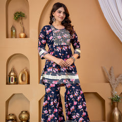 Women’s Navy Blue Floral Printed Kurti Sharara Set with Mirror Work