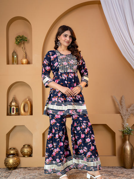 Women’s Navy Blue Floral Printed Kurti Sharara Set with Mirror Work