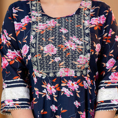 Women’s Navy Blue Floral Printed Kurti Sharara Set with Mirror Work
