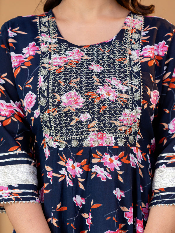 Women’s Navy Blue Floral Printed Kurti Sharara Set with Mirror Work