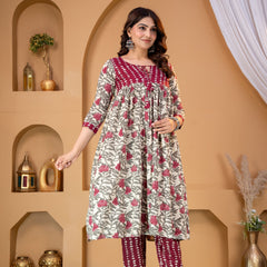 Women’s Floral Printed A-Line Kurti | Sharara Set With Mirror Work