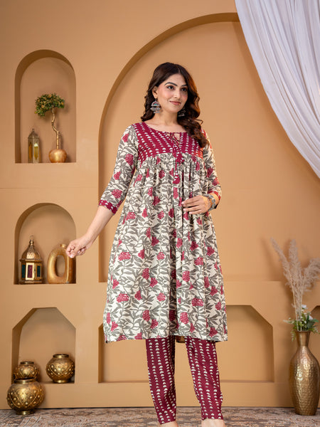 Women’s Floral Printed A-Line Kurti | Sharara Set With Mirror Work