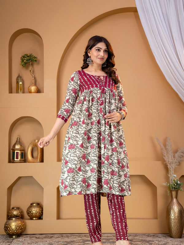 Women’s Floral Printed A-Line Kurti | Sharara Set With Mirror Work