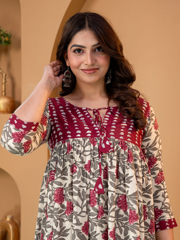 Women’s Floral Printed A-Line Kurti | Sharara Set With Mirror Work