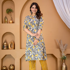 Yellow Floral Rayon Kurta Palazzo Set for Women